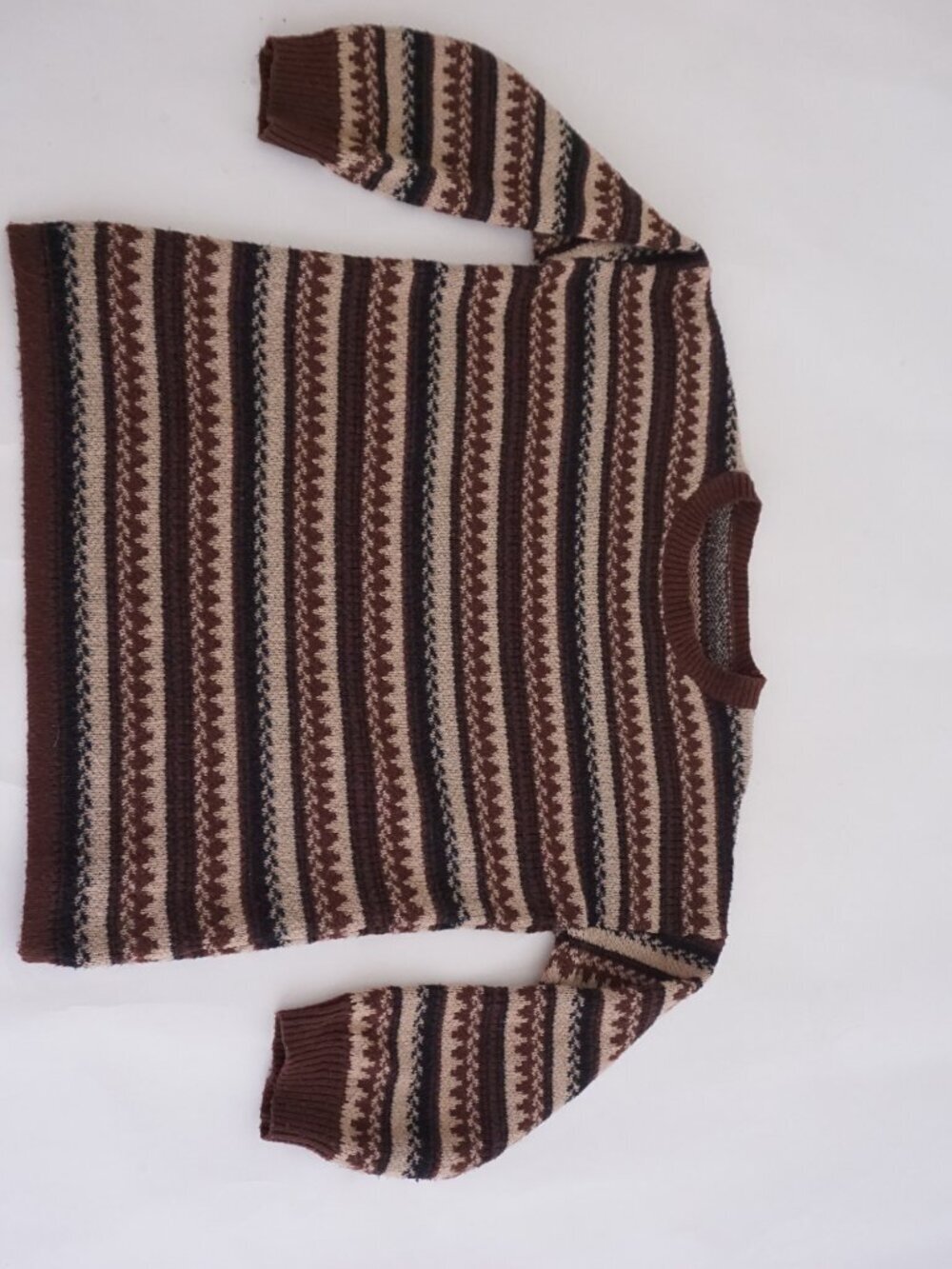 Vintage Brown Cream Nordic Fair Isle Stripe Fisherman Cabin Knit Sweater L - Picture 4 of 10